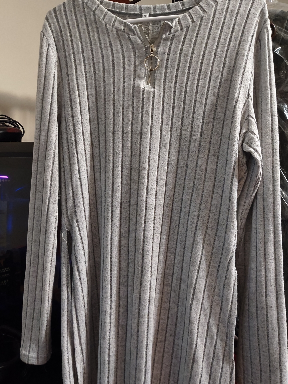 Heather Grey Ribbed Zip Front Long Sleeve Top Or Mini Dress